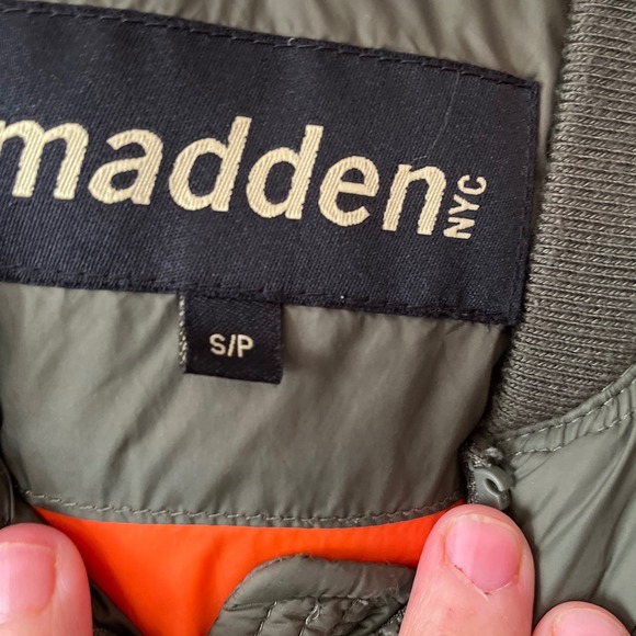 Madden NYC Bomber Jacket Olive Green Orange Lined Puffer Size S P - Picture 2 of 11